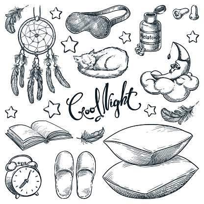 Bedtime bedroom design elements isolated on white background. Vector hand drawn sketch illustration of sleeping moon, feather pillow, alarm clock. Good night calligraphy lettering and sleep icons set