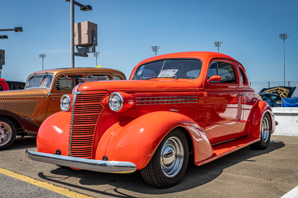 1938 Chevrolet Master Coupe Lebanon, TN - May 14, 2022: Low perspective front corner view of a 1938 Chevrolet Master Coupe at a local car show. Chevrolet stock pictures, royalty-free photos & images