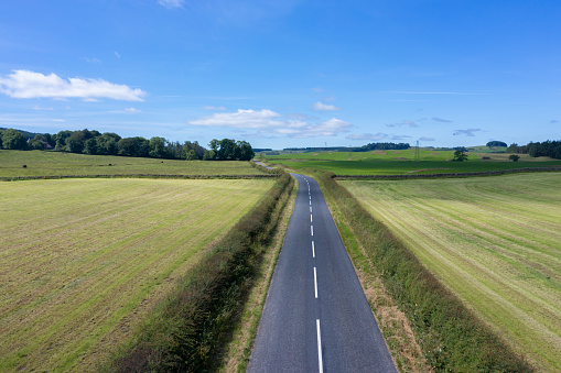 Aerial view of an empty country road in a rural location in Scotland