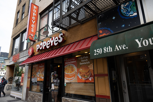 New York, NY, USA - June 3, 2022: A Popeyes restaurant.