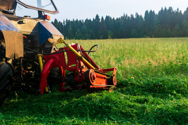 istock tractor with a mounted mower mows meadow forbs 1408299822