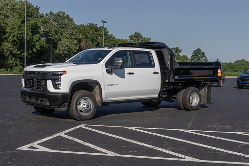 West Harrison - Circa July 2022: Chevrolet Silverado 3500HD Crew Cab Work Truck. Chevy offers the 3500 HD in a utility body, dump truck and stake body.