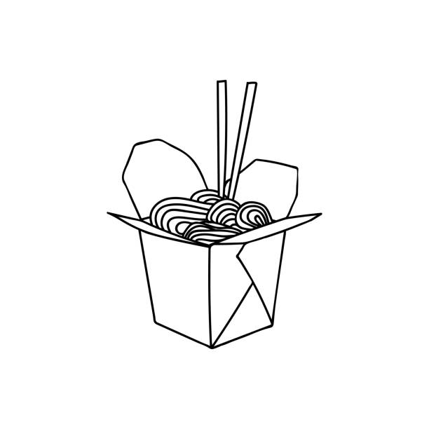 Chinese take away food. Japanese take away food in vector. Vermicelli in take away package with chopsticks doodle illustration. Hand drawn chinese food in takeaway package with chopsticks Hand drawn chinese food in takeaway package with chopsticks. Chinese take away food. Japanese take away food in vector. Vermicelli in take away package with chopsticks doodle illustration. chinese takeout stock illustrations