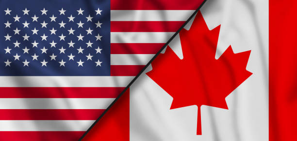 istock Faded Canada vs USA national flags icon isolated on background, abstract Canada US politics economy relationship friendship divided conflicts concept wallpaper 1408302425