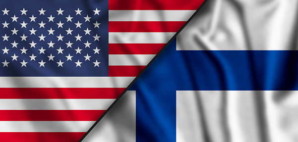 American and Finland flags together. Cooperation between the United States of America and the Finland . USA and Finland.