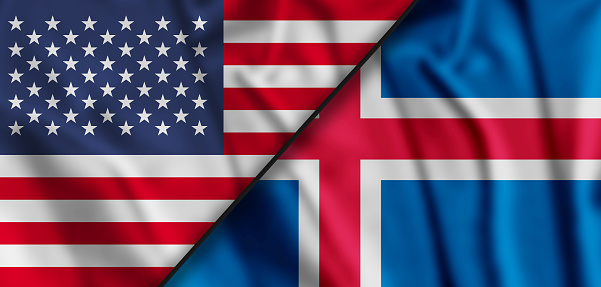 Mixed USA and Iceland flag, three dimensional render. USA and Iceland.