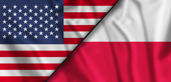 Poland and United States two flags textile fabric texture.
