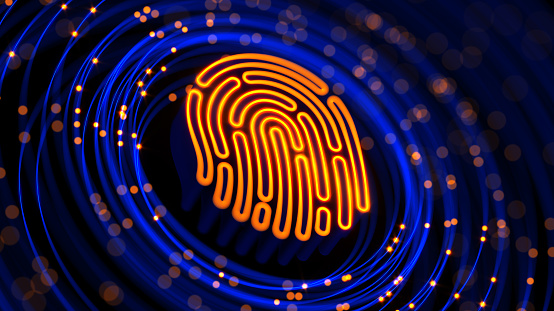 Fingerprint with abstract glowing circular background. Scanning identification system. Safe your data. Cyber internet security and biometric concept. Security and protection your privacy data 3d illustration