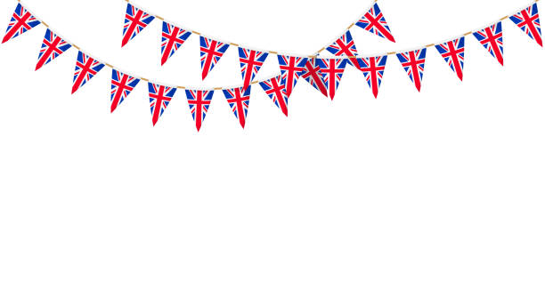 ilustrações de stock, clip art, desenhos animados e ícones de uk flag garland. union jack pennants chain. british party bunting decoration. great britain flags for celebration. vector footer and banner background. - british flag