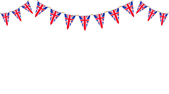 UK flag garland. Union Jack pennants chain. British party bunting decoration. Great Britain flags for celebration. Vector footer and banner background.