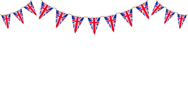 Vector illustration of UK flag garland. Union Jack pennants chain. British party bunting decoration. Great Britain flags for celebration. Vector footer and banner background.