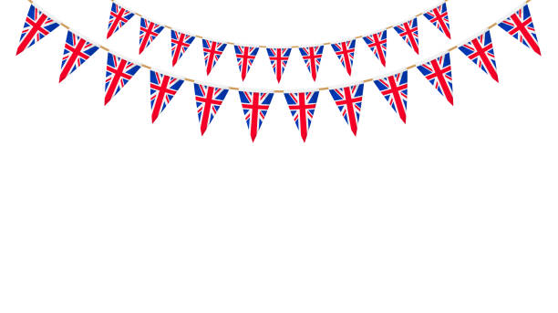 영국 국기 화환. 유니온 잭 페넌트 체인. 영국 파티 번팅 장식. 영국은 축하를 위해 깃발을 꽂습니다. 벡터 바닥글 및 배너 배경입니다. - british flag bunting flag english culture stock illustrations