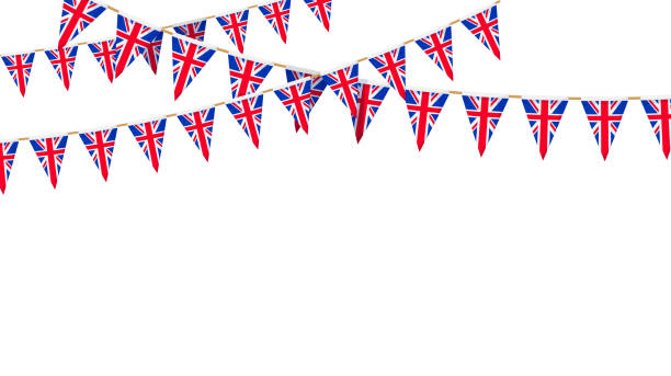 영국 국기 화환. 유니온 잭 페넌트 체인. 영국 파티 번팅 장식. 영국은 축하를 위해 깃발을 꽂습니다. 벡터 바닥글 및 배너 배경입니다. - british flag bunting flag english culture stock illustrations