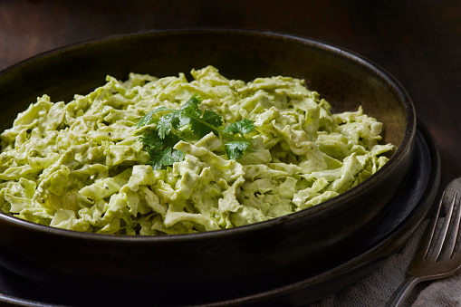 The Viral Green Goddess Salad. Creamy Avocado and Cilantro Dressing with Shredded Green Cabbage
