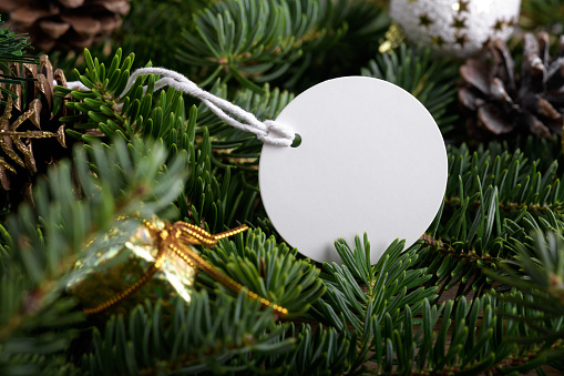 Christmas round white tag mockup with white cord, close up on natural fir tree branch, with cones and Christmas decoration, Christmas sale concept. Blank paper circle laber product tag mockup