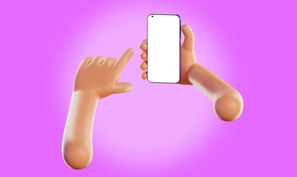 istock Cartoon hands holding a smartphone with white empty screen. Hands holding a mobile phone and touching screen. 3D Render 1408310467