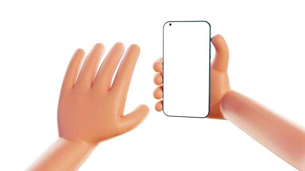 istock Cartoon hands make a selfie or video call using a mobile phone, 3d render. 3D hands holding a smartphone with white empty screen, isolated on a white background 1408311025