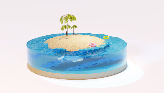 Section of water and an island with palm trees. Piece of a round island in the ocean, 3d render. Concept of travel, vacations and tourist.
