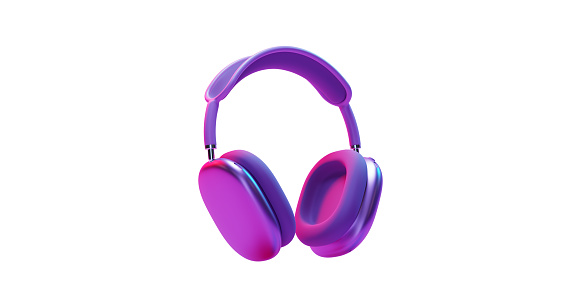 Pink headphones isolated on a white background. Stylish headphones in neon light, 3d render