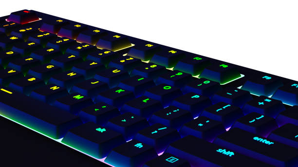 istock PC keyboard close-up, 3d rendering. Gaming keyboard with RGB backlight, isolated on a white background 1408311663