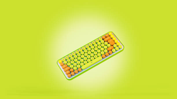 istock Flying Keyboard, 3d rendering. Green gaming keyboard, minimalistic 3d illustration. Banner for the sale of gaming equipment 1408311728