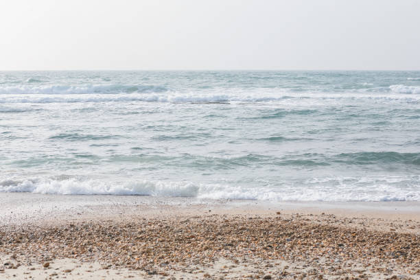 ciel, mer et sable avec des cailloux en arrière-plan. vue sur le paysage naturel d’une belle plage tropicale et de la mer par une journée ensoleillée. plage zone de la mer. panorama d’une belle plage avec bannière d’eau turquoise - beach 2013 usa sky photos et images de collection