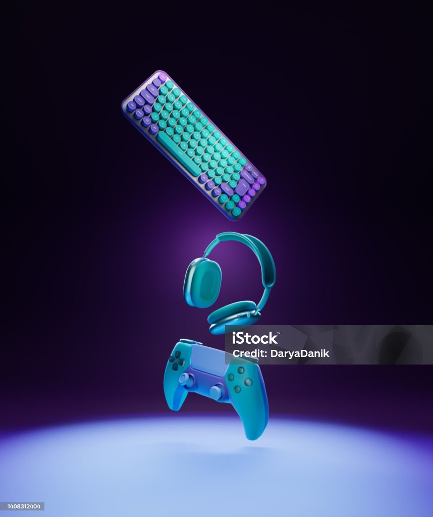 Flying keyboard, headphones and game controller, 3d rendering. Gaming devices on a neon background. Banner for advertising gaming equipment. Video Game Stock Photo