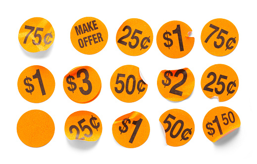 Round Orange Garage Sale Price Tag Stickers Cut Out.