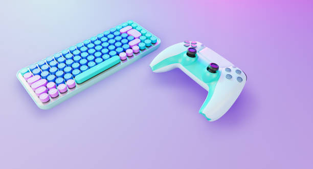 istock Video game controller and keyboard on the table. Gaming equipment, 3D rendering. Gamer's workspace, top view 1408312653