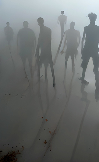 Abstract silhouette zombies in a fog background.