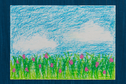 Child's Drawing -Garden flowers in full bloom, blue sky and white clouds