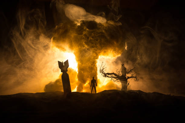 istock Creative artwork decoration war on Ukraine. Crowd looking on giant explosion and attacking soldiers. 1408317422