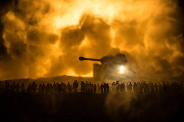 istock Creative artwork decoration war on Ukraine. Crowd looking on giant explosion and attacking soldiers. 1408317424