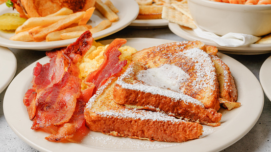 French toast platter, eggs, and bacon. English breakfast