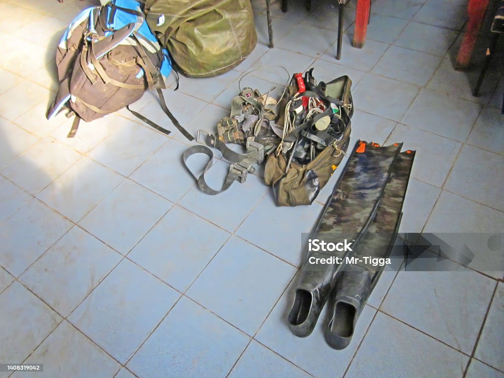 Flippers for swimming, and equipment for spearfishing Flippers for swimming, and equipment for spearfishing. Activity Stock Photo
