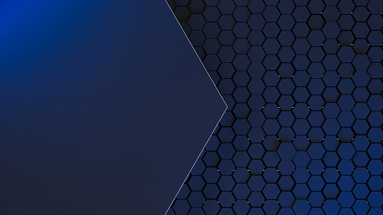 The Dark blue industrial background with neon honeycomb cell structures and copy space for background text for design. Blue industrial banner. 3D render.