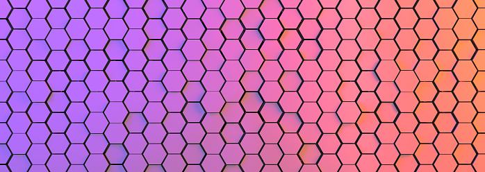 The Violet orange high resolution honeycomb banner for design or advertising. Background digital structure of hexagons. 3D render.