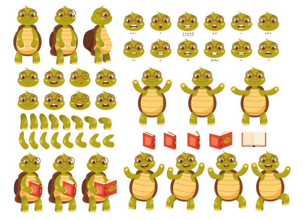 ilustraciones, imágenes clip art, dibujos animados e iconos de stock de conjunto de elementos para animar linda tortuga - animating