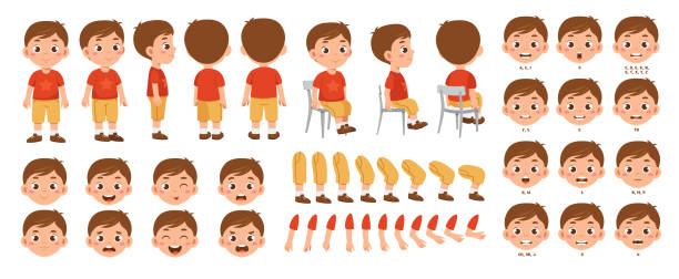 Set of elements for creating boy character animation Set of elements for creating boy character animation. Little schoolboy with different emotions, gestures and poses. Arms, legs and other body parts construction. Cartoon flat vector collection cute child face expressions side view stock illustrations