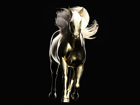 Statue of a running golden horse on a dark background. Front view. 3d illustration.