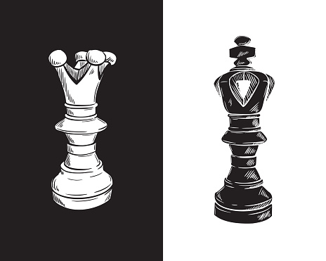 Queen and king chess piece in the sketch style. Vector hand-drawn illustration.