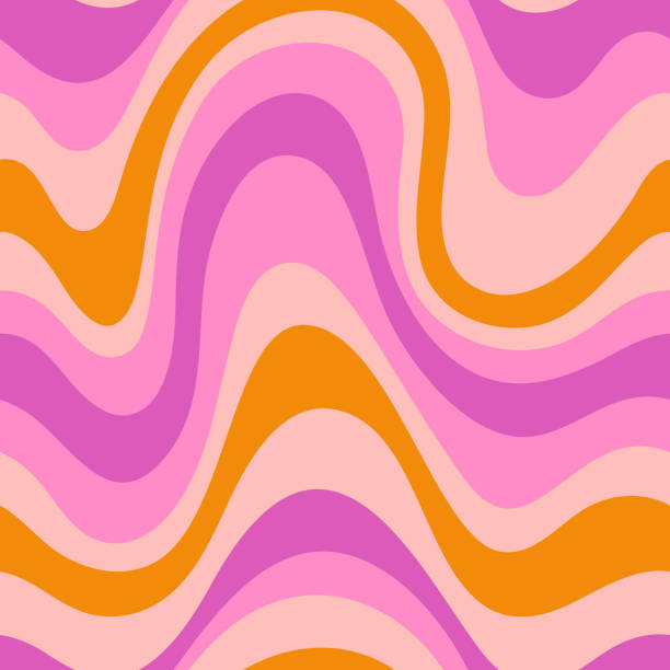 ilustraciones, imágenes clip art, dibujos animados e iconos de stock de groovy waves patrón sin fisuras. fondo vectorial curvo abstracto psicodélico en el estilo retro hippie de la década de 1970 - pattern seamless fun vector