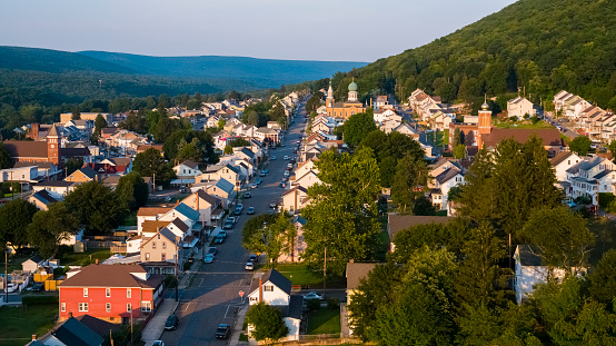 Aerial view of small town Nesquehoning, surrounded by trees and greenery. Carbon county, Pennsylvania, USA.