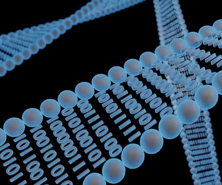 DNA digital data storage is the process of encoding and decoding binary data to and from synthesized strands of DNA 3d rendered