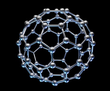 Carbon nanostructure called fullerene on the black background 3d rendering