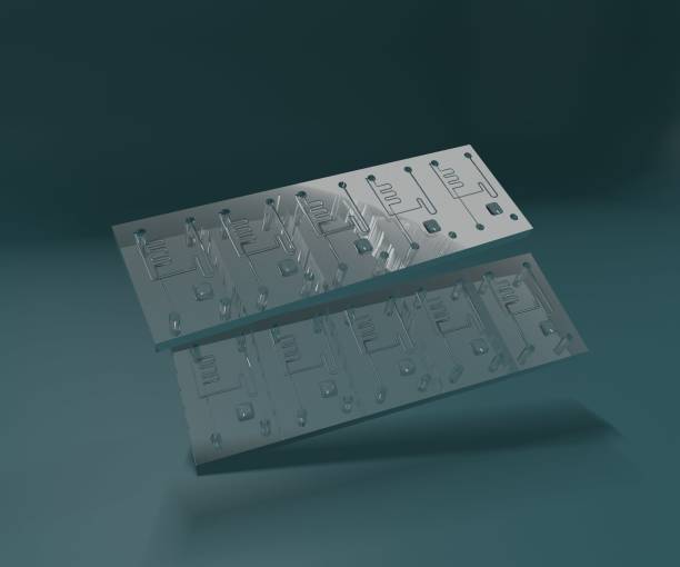un chip microfluidico è un insieme di micro-canali incisi o stampati in un materiale di vetro - microarray foto e immagini stock
