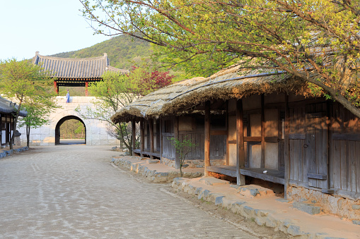 Traditional Korean house with clay jars lined up at the folk village park in Seoul, South Korea