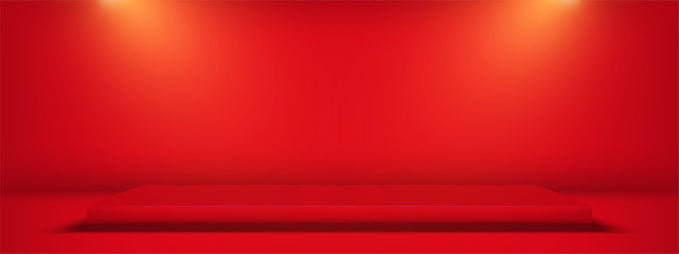 Empty square pedestal for product displays with lighting on red studio background. Vector illustration.