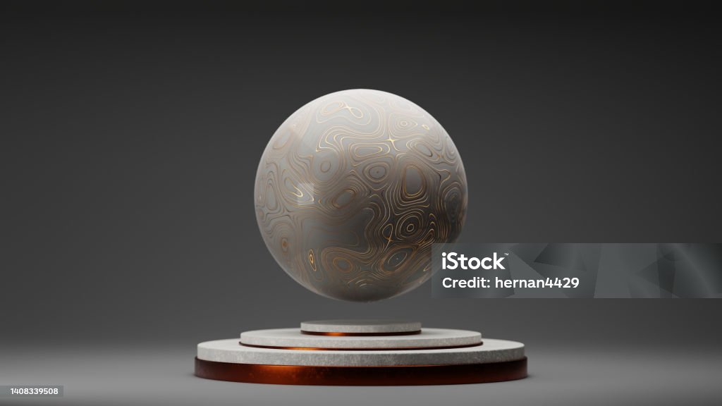 Sphere of marble with wavy gold streaks floating over a pedestal. Abstract background. Digital 3D rendering. Backgrounds Stock Photo