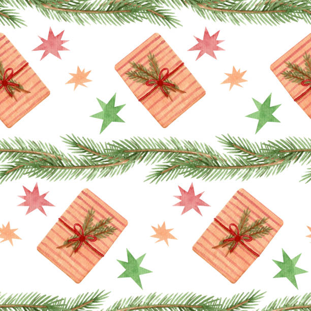 ilustrações de stock, clip art, desenhos animados e ícones de seamless watercolor pattern with fir branches and gifts - gift box packaging drawing illustration and painting